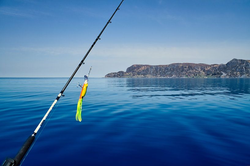Fishing rod in front of the West Cape in the Norwegian fjord landscape. Scandinavia by Martin Köbsch