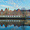 Modern Schilderij Haarlem Spaarne Grachtenpanden met Woonboot van Slimme Kunst.nl