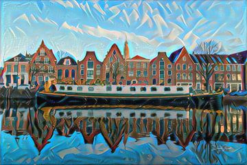 Moderne Malerei Haarlem Spaarne Grachtenhäuser mit Boot von Slimme Kunst.nl