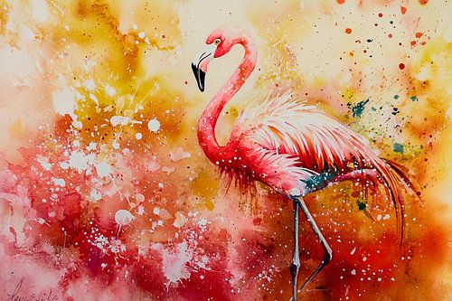 Kleurrijke flamingo aquarel schilderij
