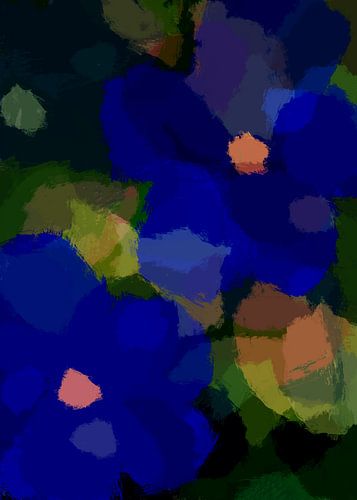 Pop-art bloemen in kobaltblauw, groen en zwart.