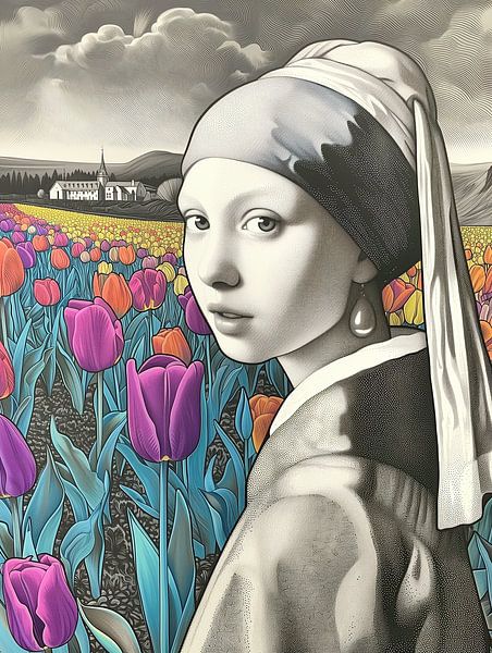 Girl with a pearl earring in a tulip field by PixelMint.