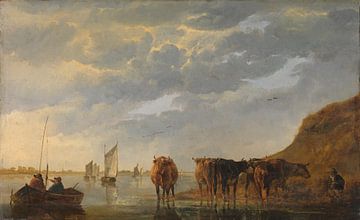 Een herder met vijf koeien bij een rivier, Aelbert Cuyp