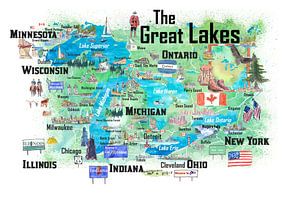 Great Lakes Kanada USA Illustrated Travel Poster Favorite Map mit Straßen und touristischen Highlights