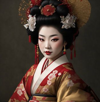 Geisha in rood en Bronskleuren.