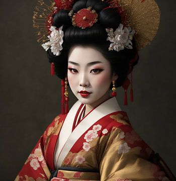Geisha in red and bronze colours. by Brian Morgan