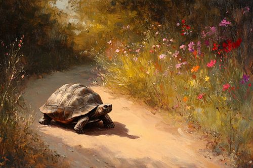 Schildpad wandelt langs bloemen