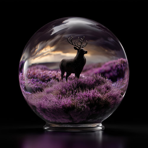 Hirsch in violetter Heide in einer Glaskugel