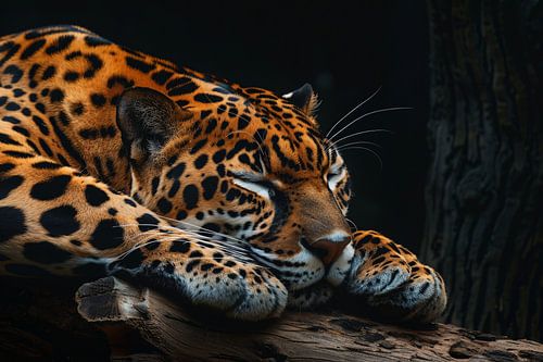 Slapende jaguar op een boomtak