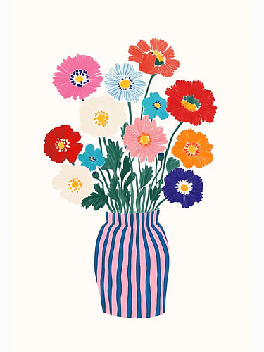 Blumen in einem gestreiften Topf