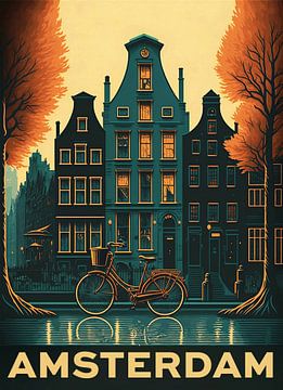 Amsterdam, vintage affiche met grachtenpanden en de Amstel