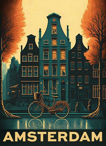 Amsterdam, Vintage-Poster mit Grachtenhäusern und dem Fluss Amstel