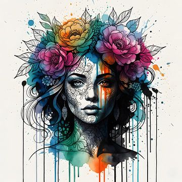 Aquarelle vibrante Femme avec couronne florale sur Clay Artista