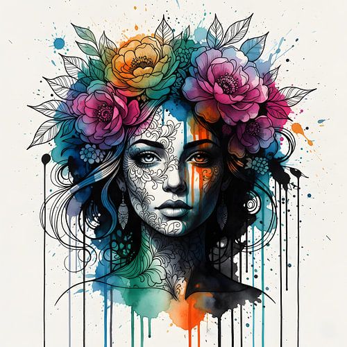 Aquarelle vibrante Femme avec couronne florale