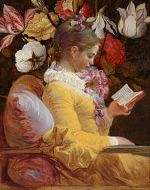 Reading girl, Jean-Honoré Fragonard - still life flowers by Digital Art Studio