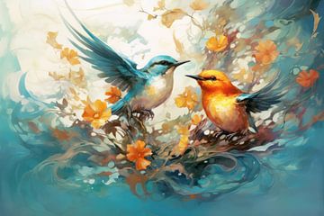 Dancing birds among flowers by Thea