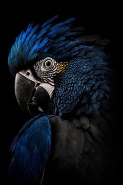 Papegaai in het blauw met donkere achtergrond van Digitale Schilderijen