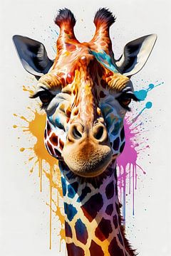 Modern kleurrijk giraffehoofd in popartstijl van De Muurdecoratie