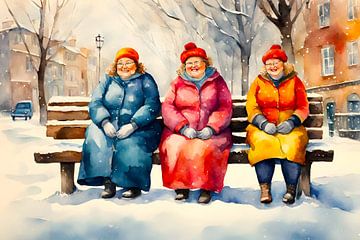 3 femmes douillettes sur un banc dans la neige sur De gezellige Dames
