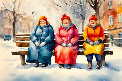 3 gezellige dames op een bankje in de sneeuw