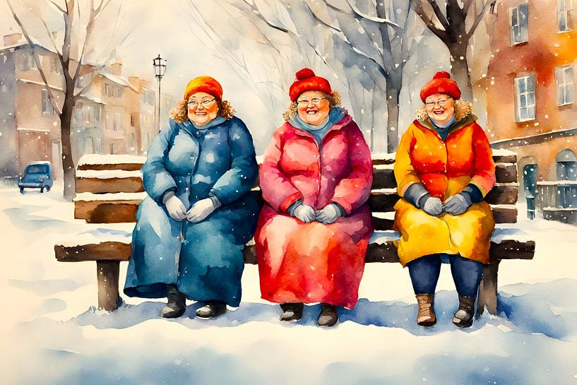 3 femmes douillettes sur un banc dans la neige par De gezellige Dames