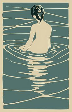 Vintage Japanse stijl art nouveau Stijl midden eeuw modern Zen Bather van Steven Kingsbury