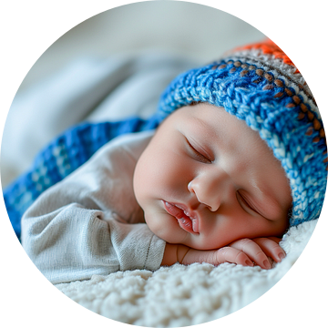 Slapende pasgeboren jongen in de eerste levensdagen met gebreide muts van Animaflora PicsStock