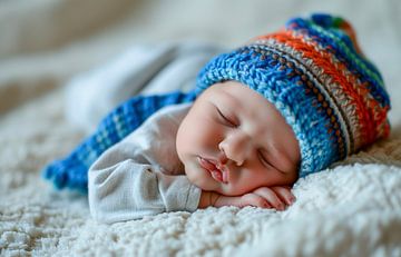 Garçon nouveau-né dormant dans les premiers jours de sa vie avec un bonnet tricoté sur Animaflora PicsStock