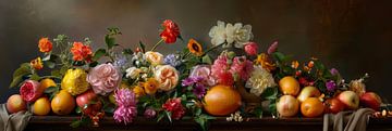 Panorama | Nature morte colorée avec des fruits et des fleurs dans un bel ensemble sur Digitale Schilderijen