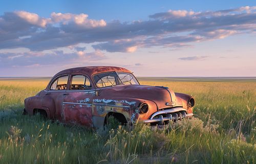 Car wreck setting sun