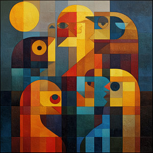 Seltsame Gesichter und die Sonne – Kubismus