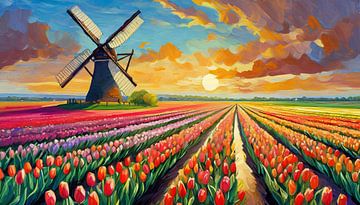 Windmolen in het tulpenveld bij zonsondergang, Nederland van Animaflora PicsStock