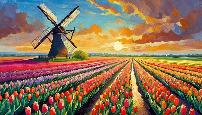 Moulin à vent dans un champ de tulipes au coucher du soleil, Pays-Bas par Animaflora PicsStock