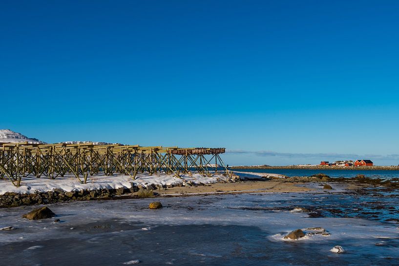 Racks en bois vides géants pour suspendre et sécher la morue afin d'en faire du stockfish sur les îl par Robert Ruidl