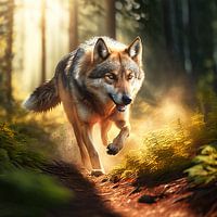 Rennende wolf in bos