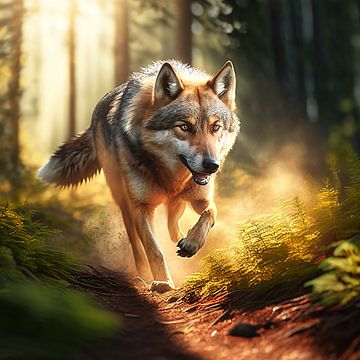 Rennende wolf in bos van Digital Art Nederland