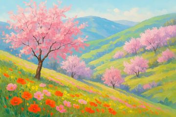 Lentebloesem met bloemenweide in bloei