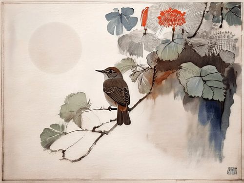 Japandi contemporain : un oiseau chanteur perché sur une branche parmi les fleurs en pleine lune