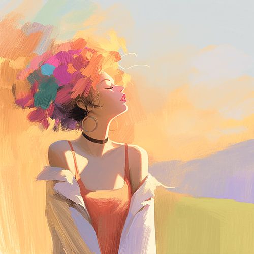 Woman with flowers in her hair in sunlight