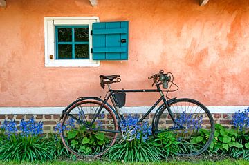 Ouderwetse fiets in de tuin van Pieter van Marion