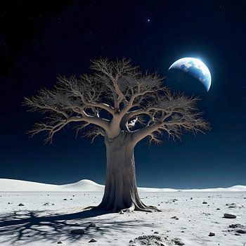 Baobab auf dem Mond mit der Erde im Hintergrund