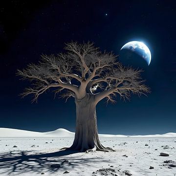 Baobab op de maan met aarde op achtergrond van Photufo