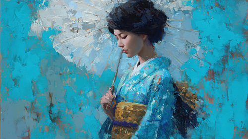 Abstracte vrouw in kimono en paraplu blauw panorama
