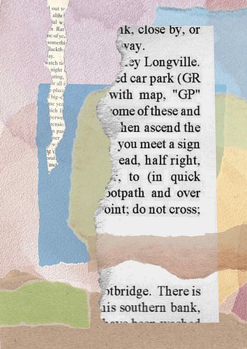 Collage aus zerrissenem Papier auf einem aquarellierten Hintergrund.