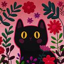 Illustratie van een kat omringd met bloemen en planten van Evelien Doosje thumbnail