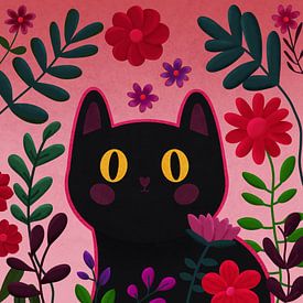 Illustratie van een kat omringd met bloemen en planten van Evelien Doosje