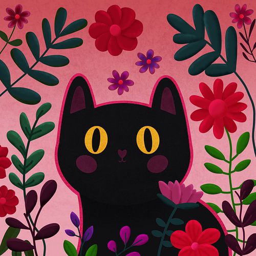 Illustration of a cat surrounded by flowers and plants