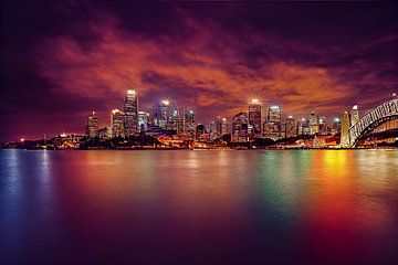 Panorama Skyline van Sydney in Australië bij Nacht Wallpaper van Animaflora PicsStock