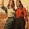 Jeune communiste heureux Jeunes filles soviétiques sur un panneau publicitaire -Publicité de style vintage sur Animaflora PicsStock