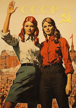 Gelukkig jong communisme Sovjet meisjes op een billboard - vintage stijl reclame van Animaflora PicsStock
